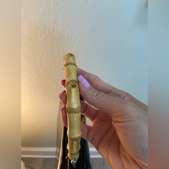 Vintage Evening Black Patent Vinyl Top Handle Handbag Purse, Bamboo Handle - Picture 9 of 11